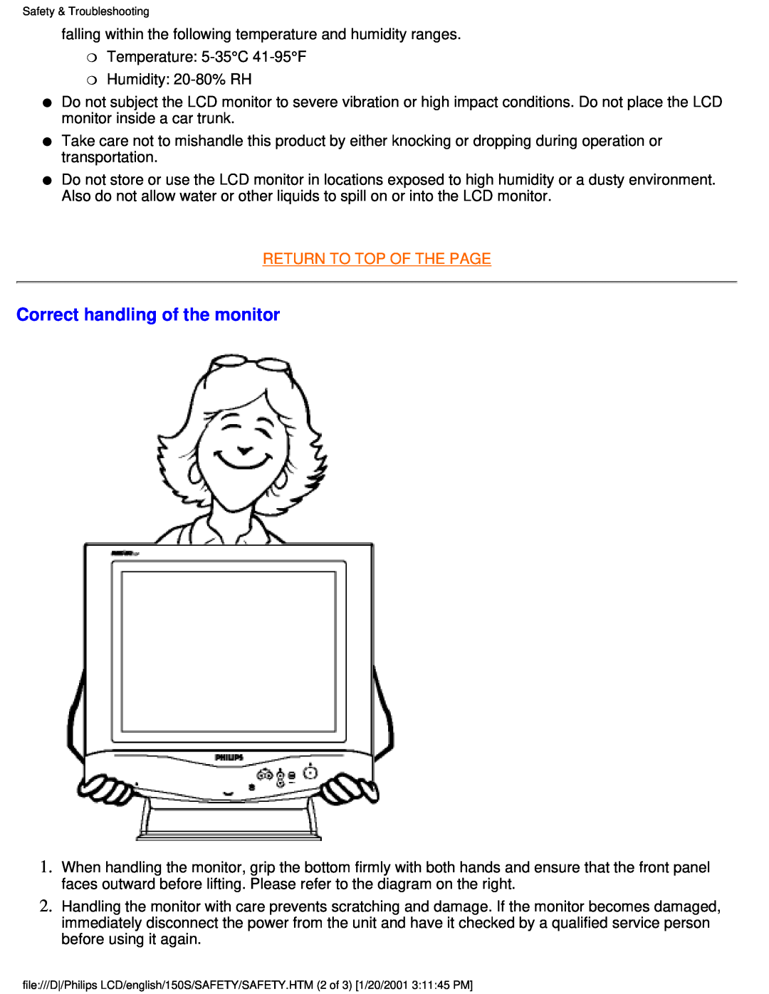 Philips 150S user manual Correct handling of the monitor, Return To Top Of The Page 