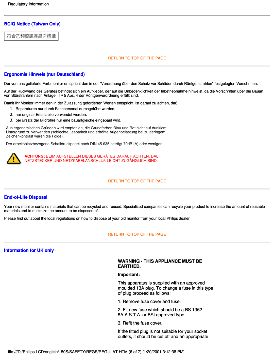 Philips 150S BCIQ Notice Taiwan Only, Ergonomie Hinweis nur Deutschland, End-of-Life Disposal, Information for UK only 