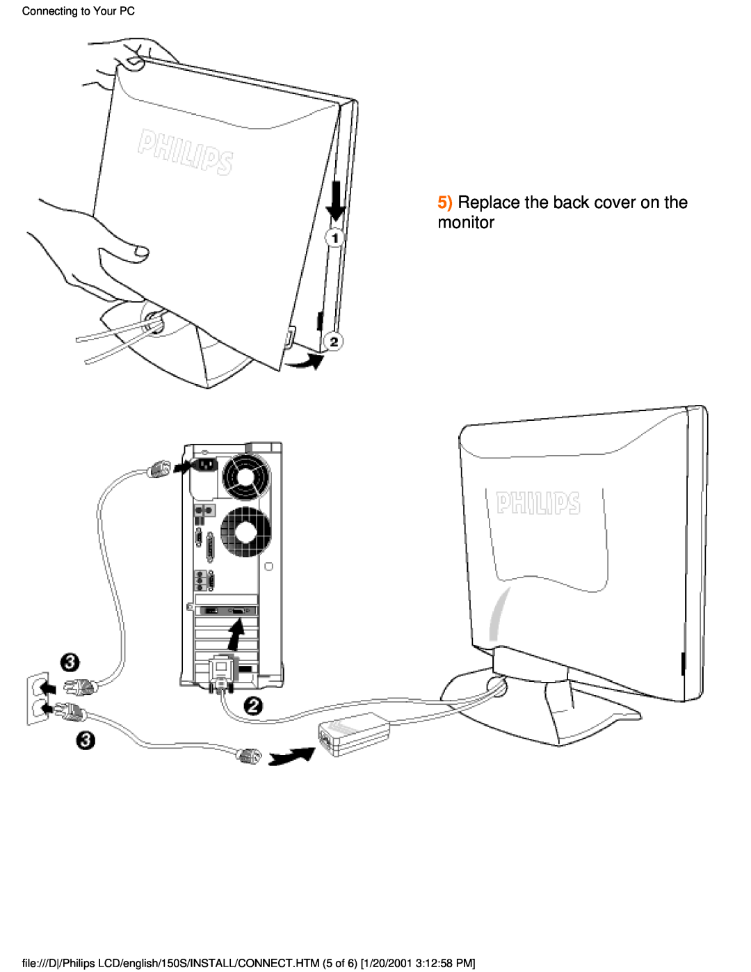 Philips 150S user manual Replace the back cover on the monitor, Connecting to Your PC 