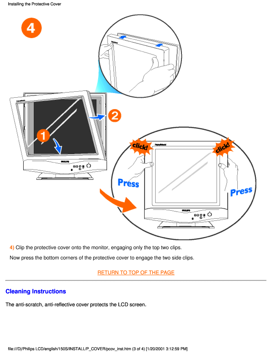 Philips 150S user manual Cleaning Instructions, Return To Top Of The Page, Installing the Protective Cover 