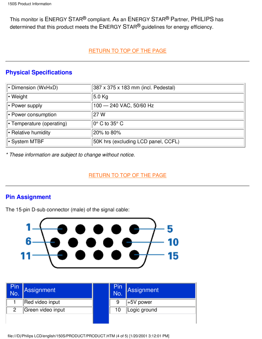 Philips 150S user manual Physical Specifications, Pin Assignment 