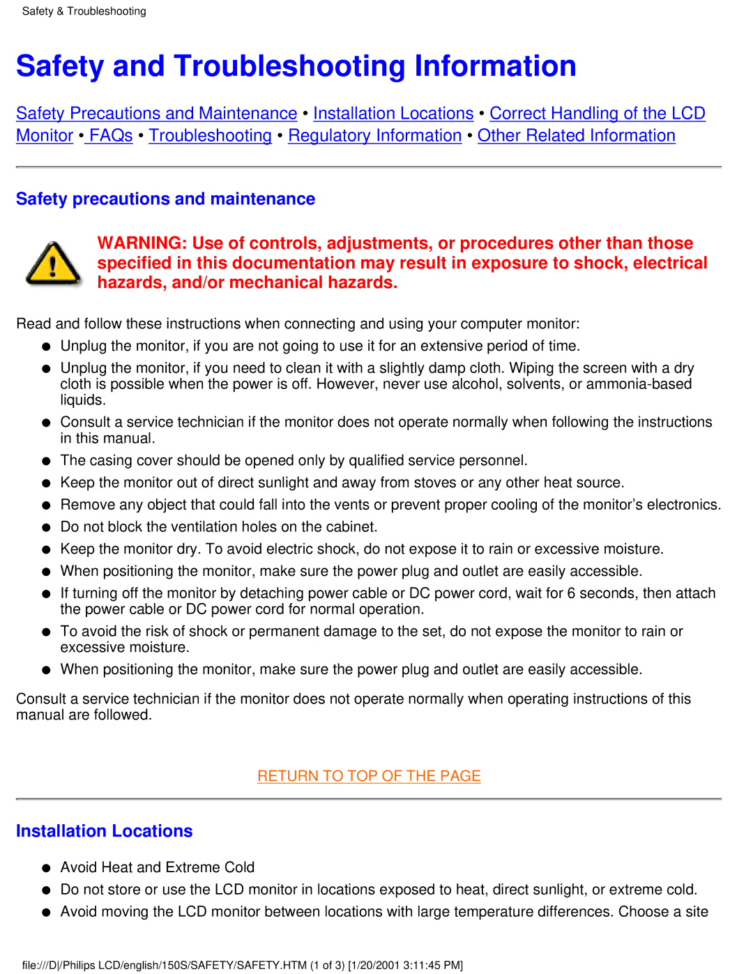 Philips 150S user manual Safety and Troubleshooting Information, Safety precautions and maintenance, Installation Locations 