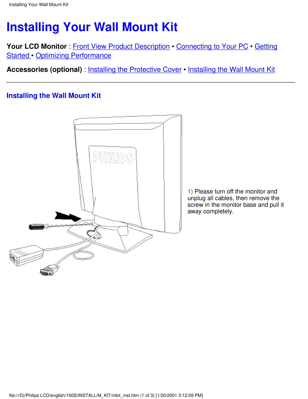 Philips 150S user manual Installing Your Wall Mount Kit, Installing the Wall Mount Kit 