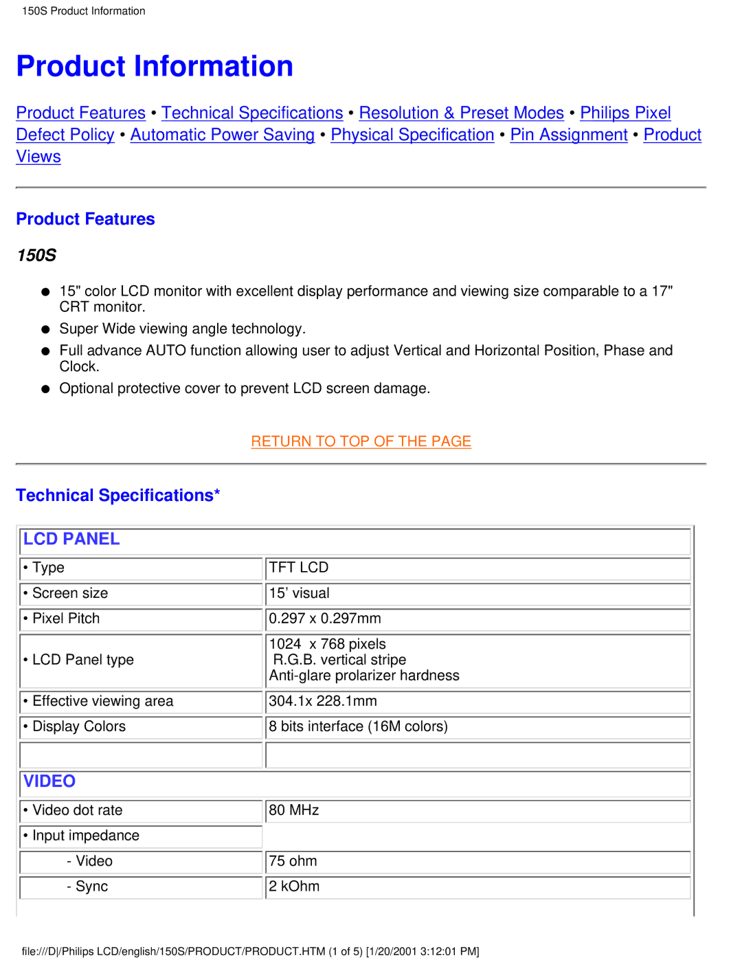 Philips 150S user manual Product Information, Product Features, Technical Specifications 