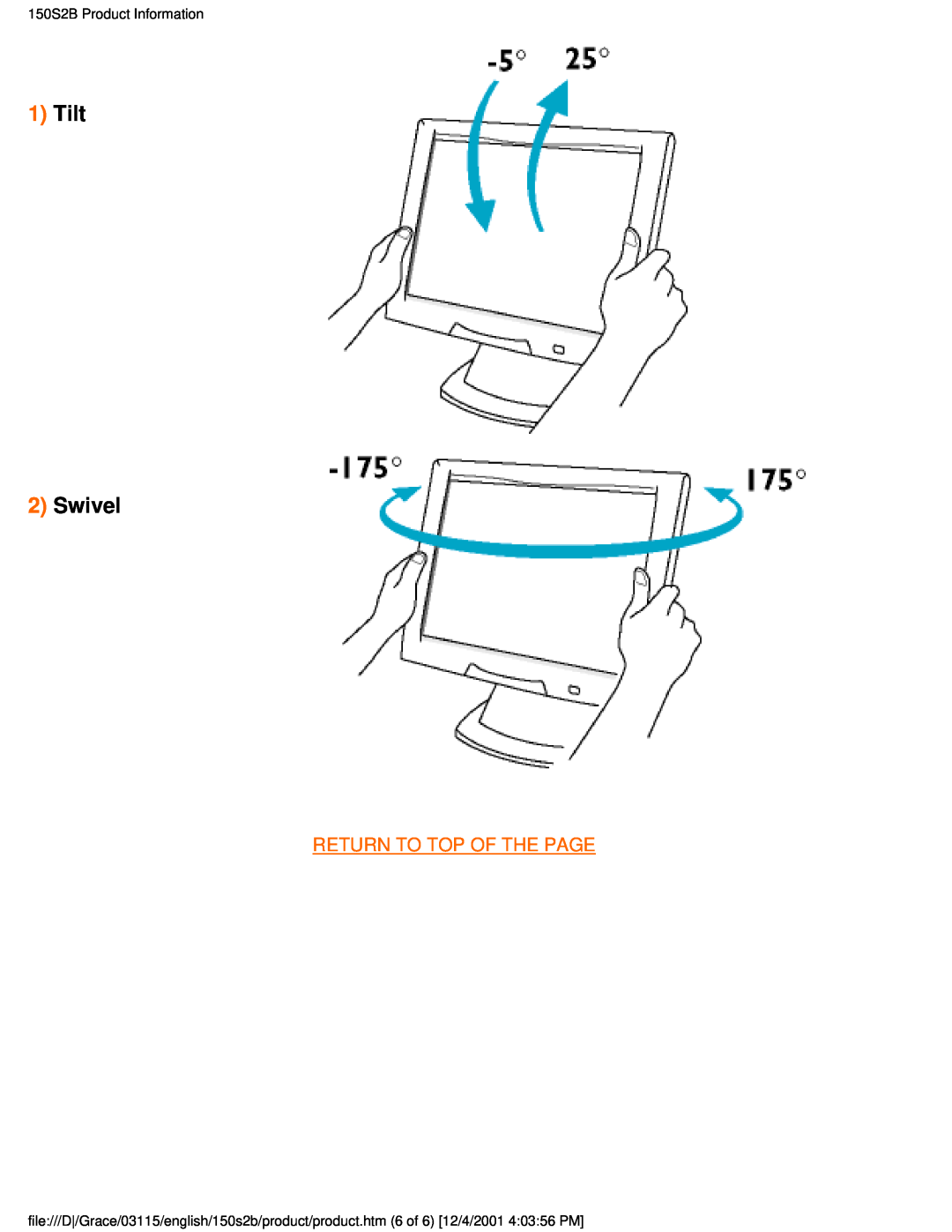 Philips user manual Tilt 2 Swivel, Return To Top Of The Page, 150S2B Product Information 