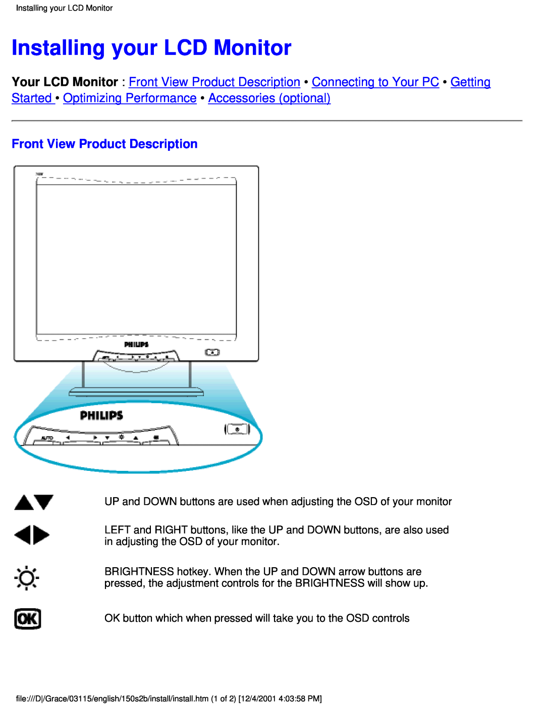 Philips 150S2B user manual Installing your LCD Monitor, Front View Product Description 