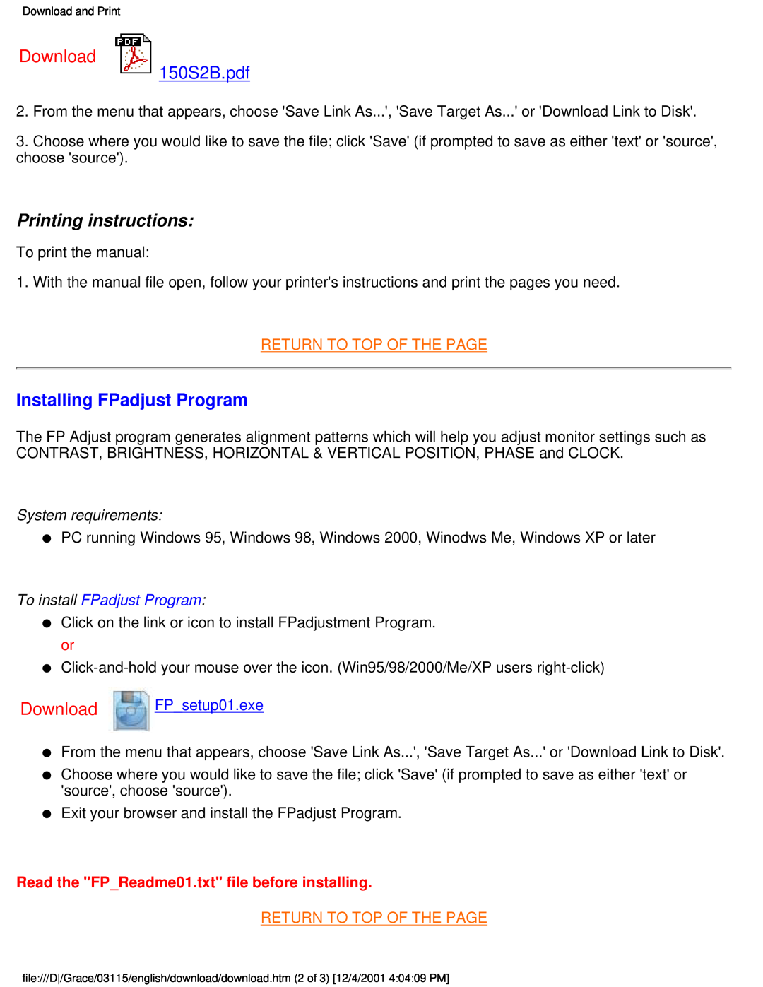 Philips Download, 150S2B.pdf, Printing instructions, Installing FPadjust Program, To install FPadjust Program 