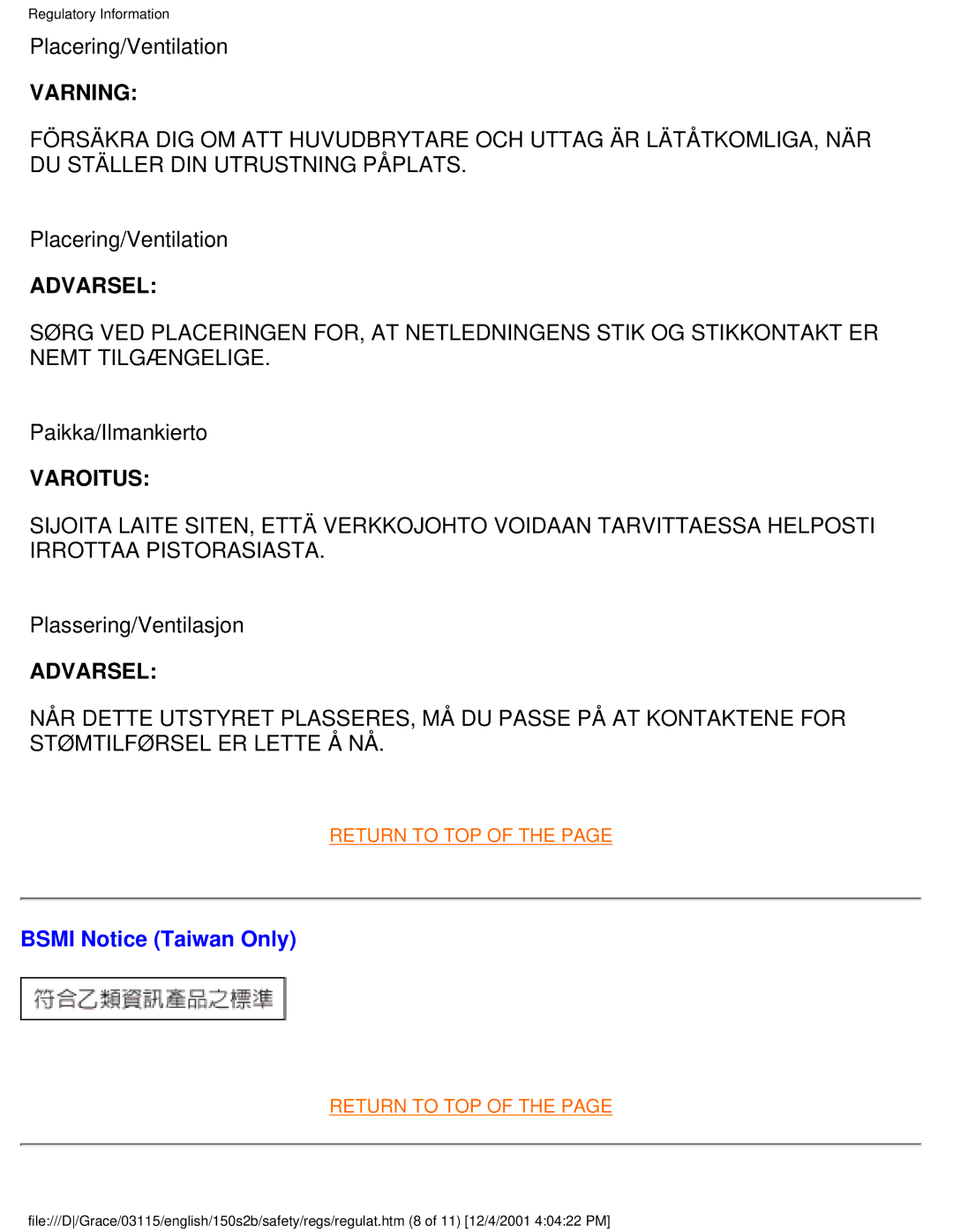 Philips 150S2B user manual Placering/Ventilation, Paikka/Ilmankierto, Plassering/Ventilasjon, Bsmi Notice Taiwan Only 