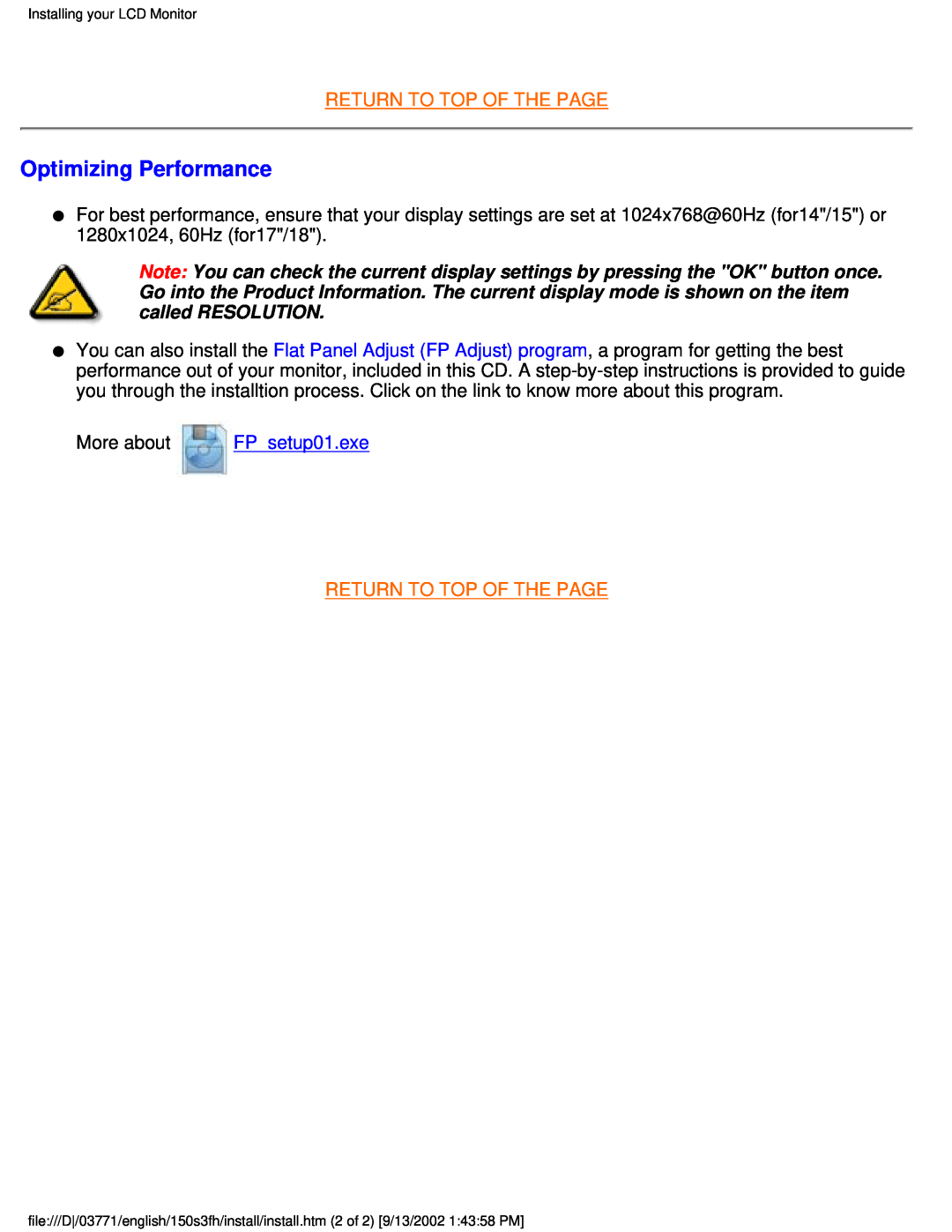 Philips 150S3F user manual Optimizing Performance, Return To Top Of The Page, More about FPsetup01.exe 