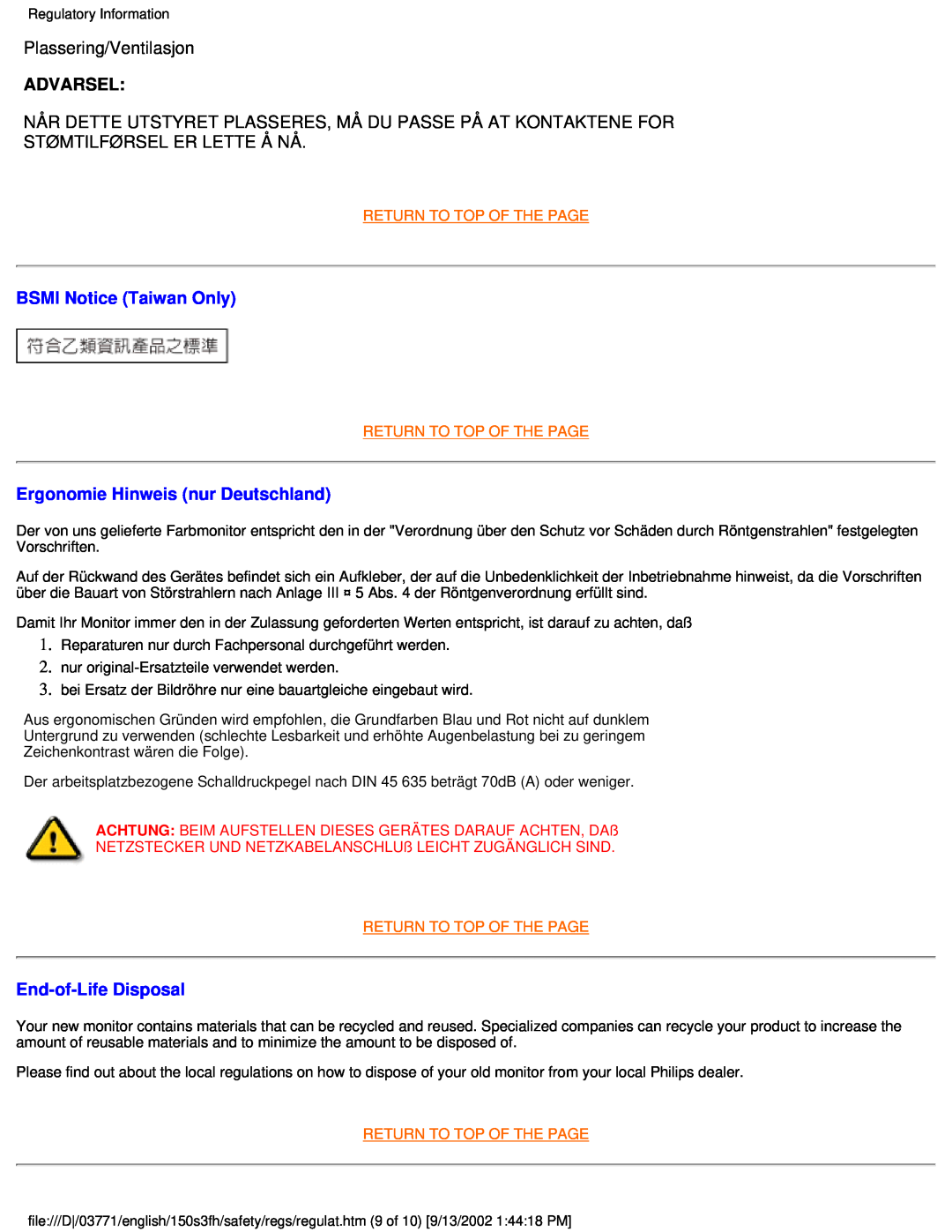 Philips 150S3F user manual Advarsel, BSMI Notice Taiwan Only, Ergonomie Hinweis nur Deutschland, End-of-Life Disposal 