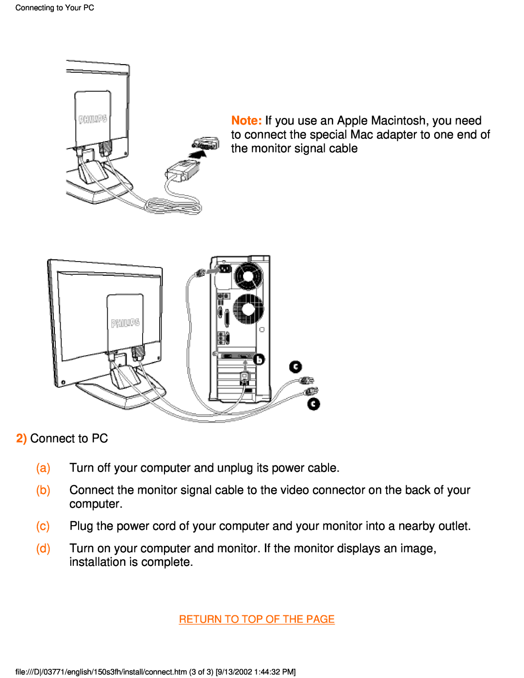 Philips 150S3F user manual Connect to PC a Turn off your computer and unplug its power cable 