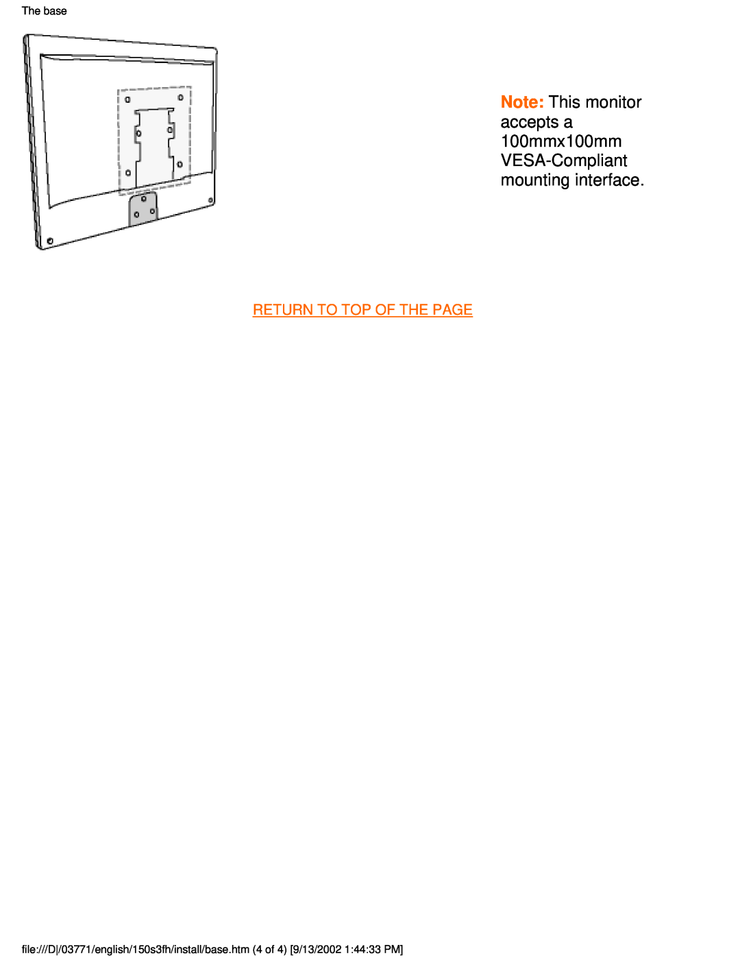 Philips 150S3F user manual Return To Top Of The Page, The base 