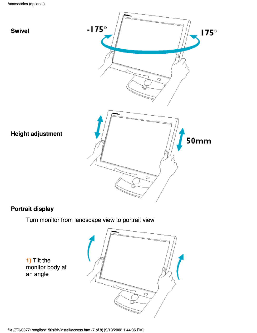 Philips 150S3F user manual Swivel Height adjustment Portrait display, Turn monitor from landscape view to portrait view 