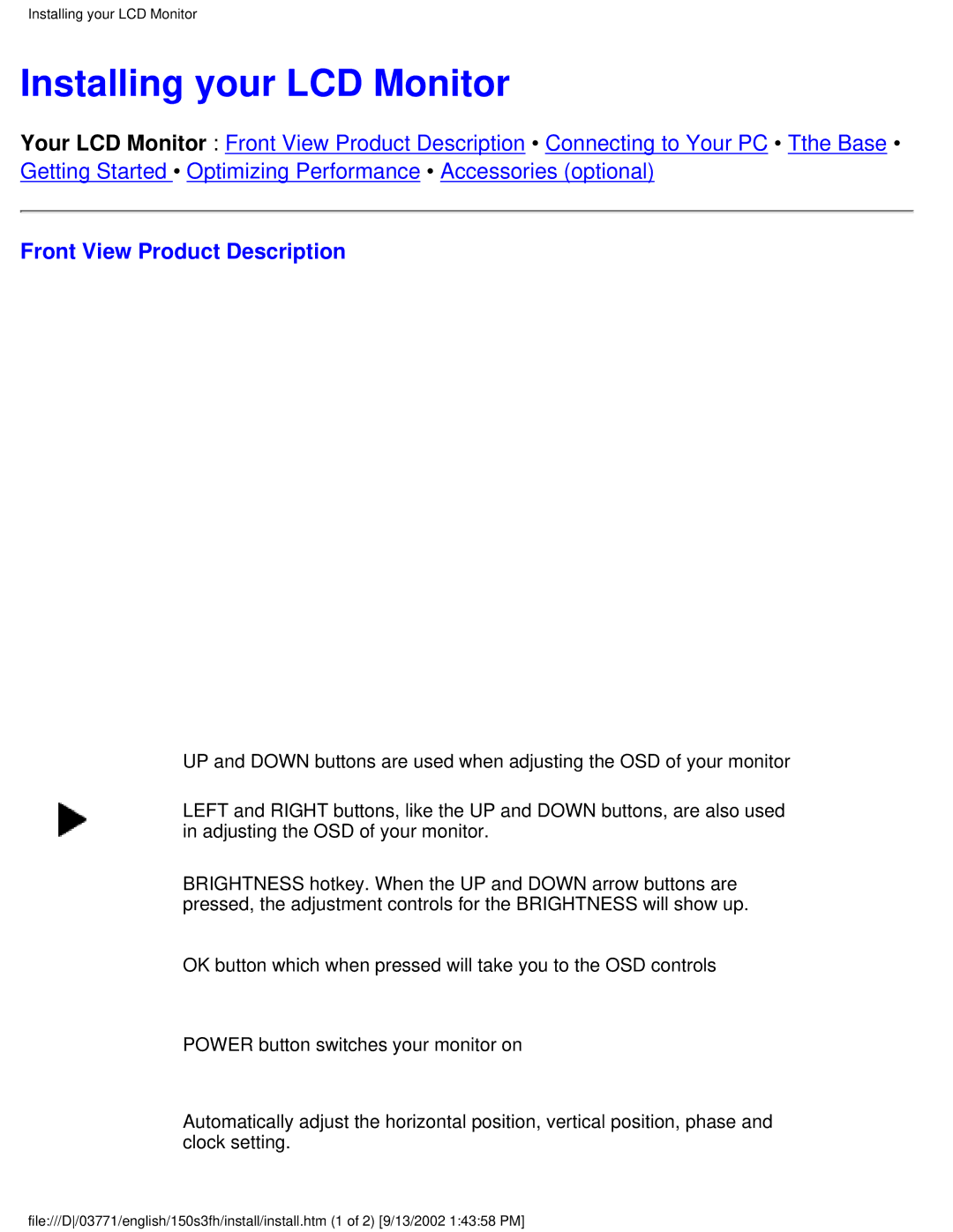 Philips 150S3F user manual Installing your LCD Monitor, Front View Product Description 