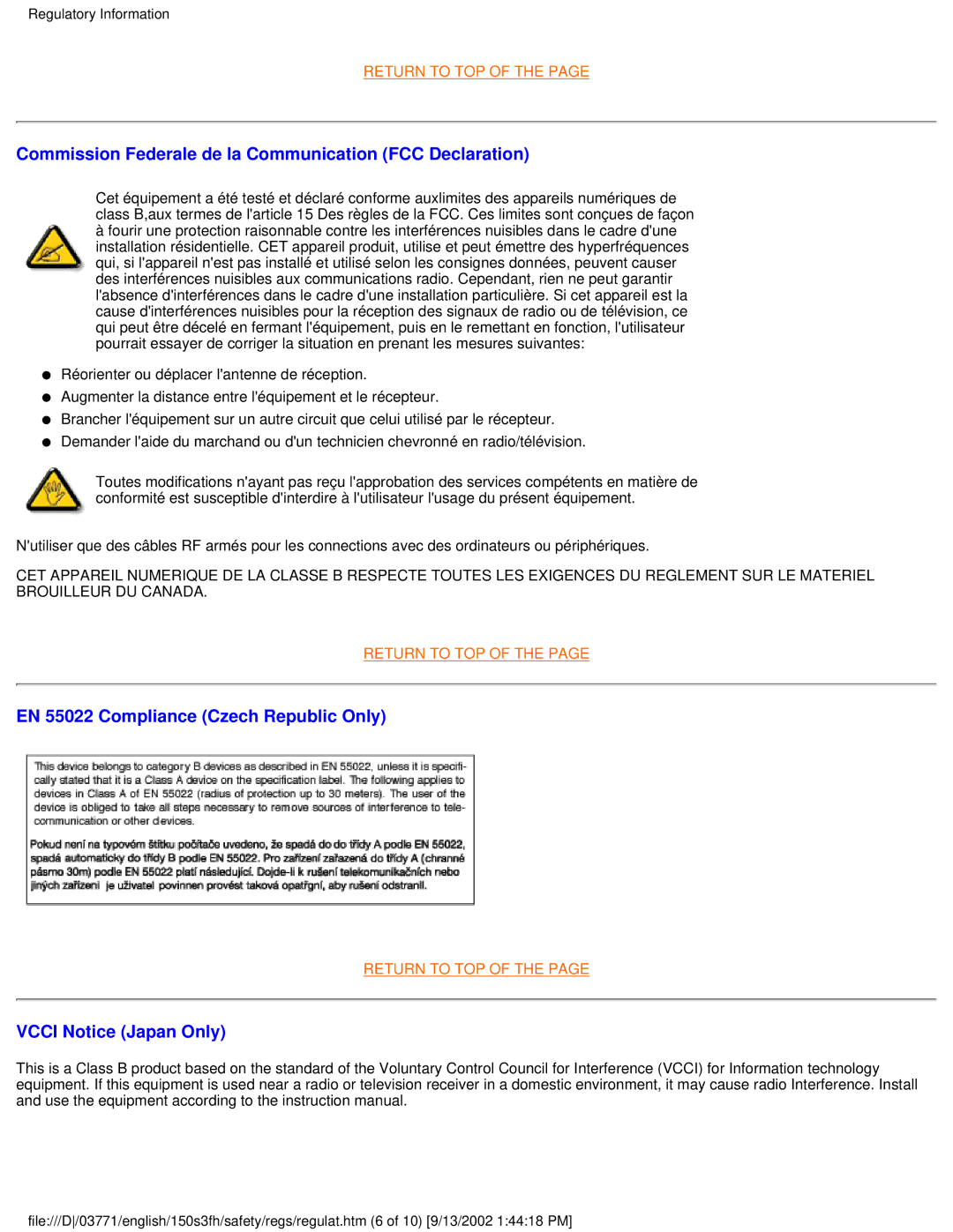 Philips 150S3F user manual EN 55022 Compliance Czech Republic Only 