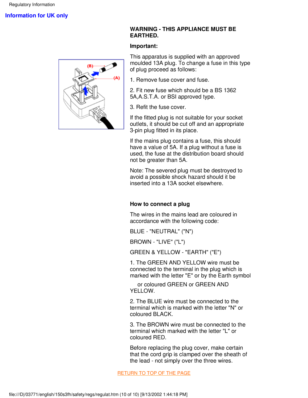 Philips 150S3F user manual Earthed 