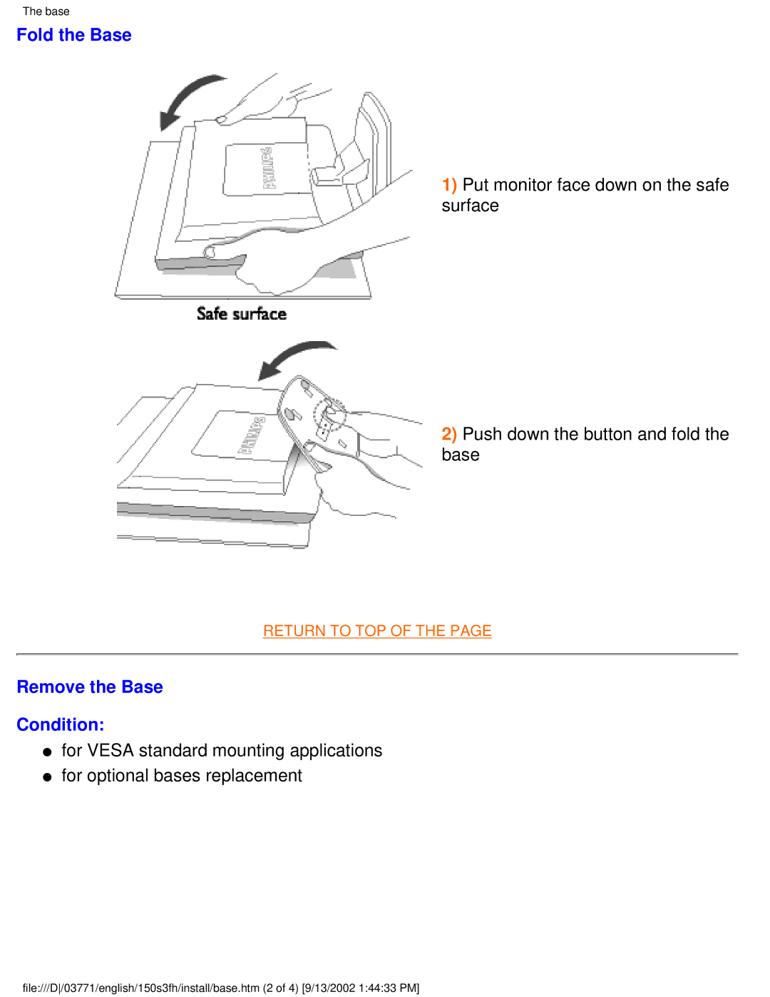 Philips 150S3F user manual Fold the Base, Remove the Base Condition 