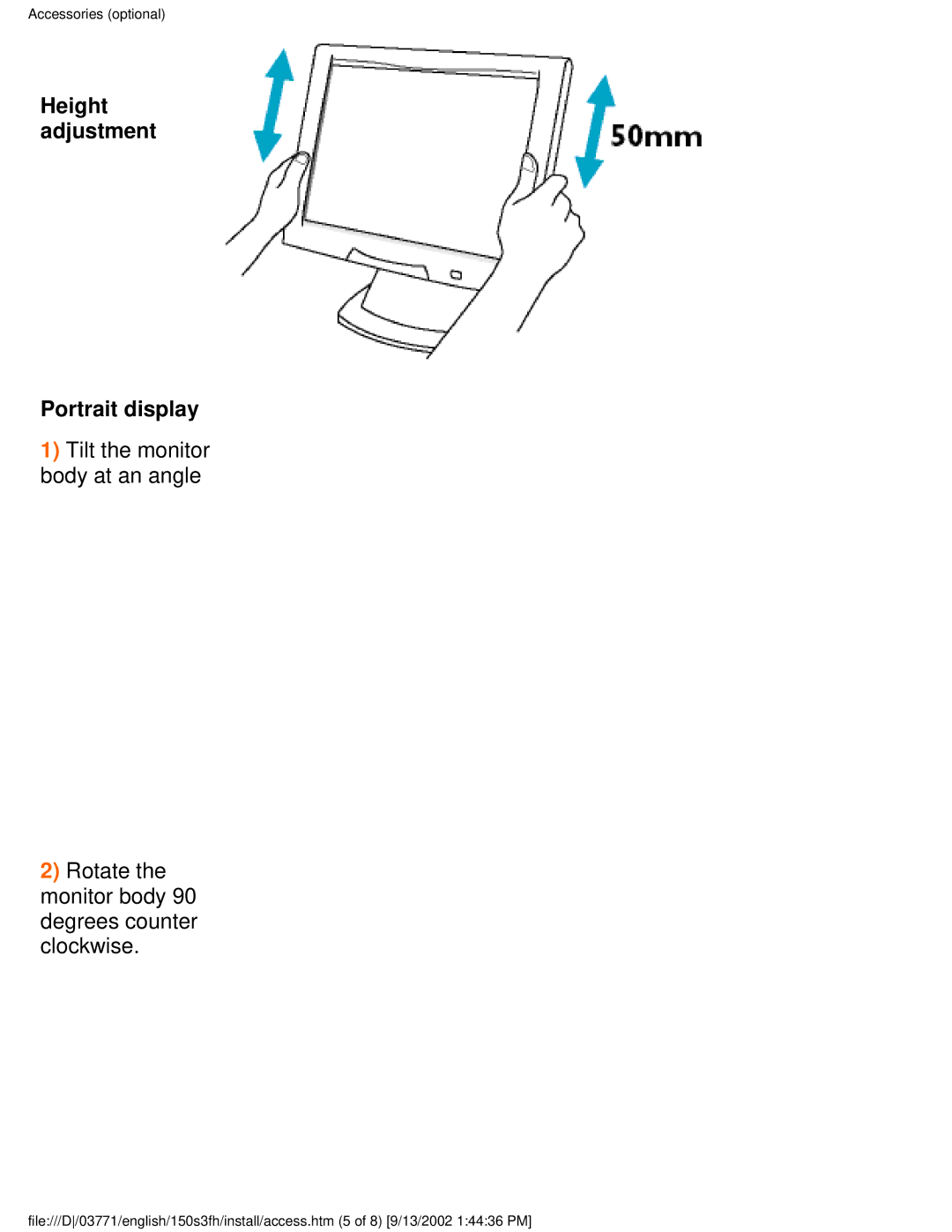 Philips 150S3F user manual Height adjustment Portrait display 