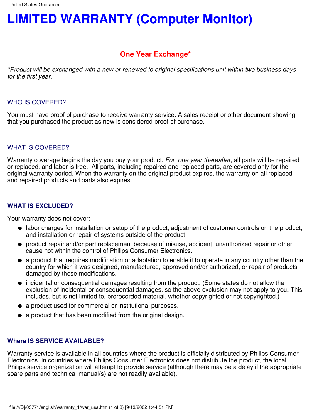 Philips 150S3F user manual Limited Warranty Computer Monitor, One Year Exchange 