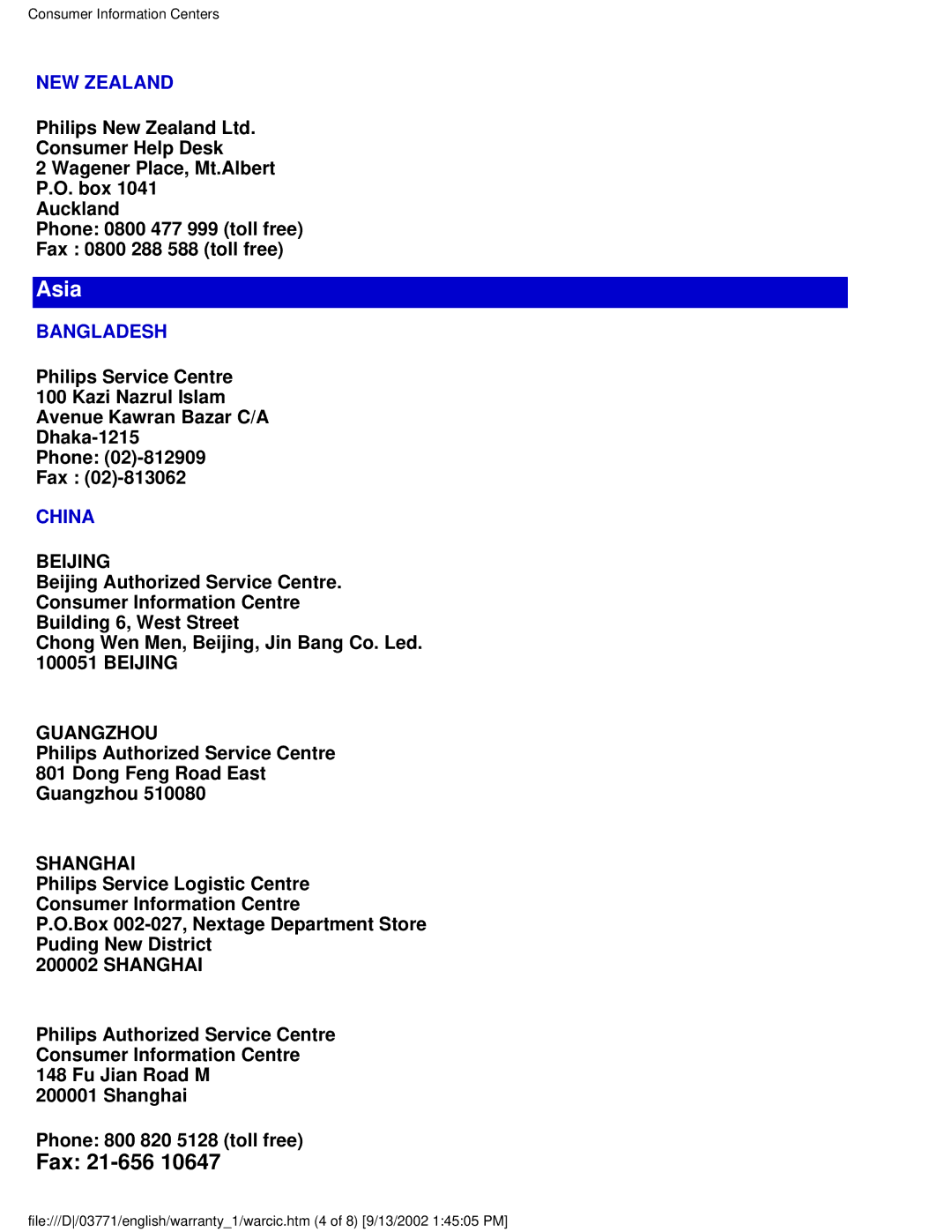 Philips 150S3F user manual Fax 21-656, NEW Zealand 