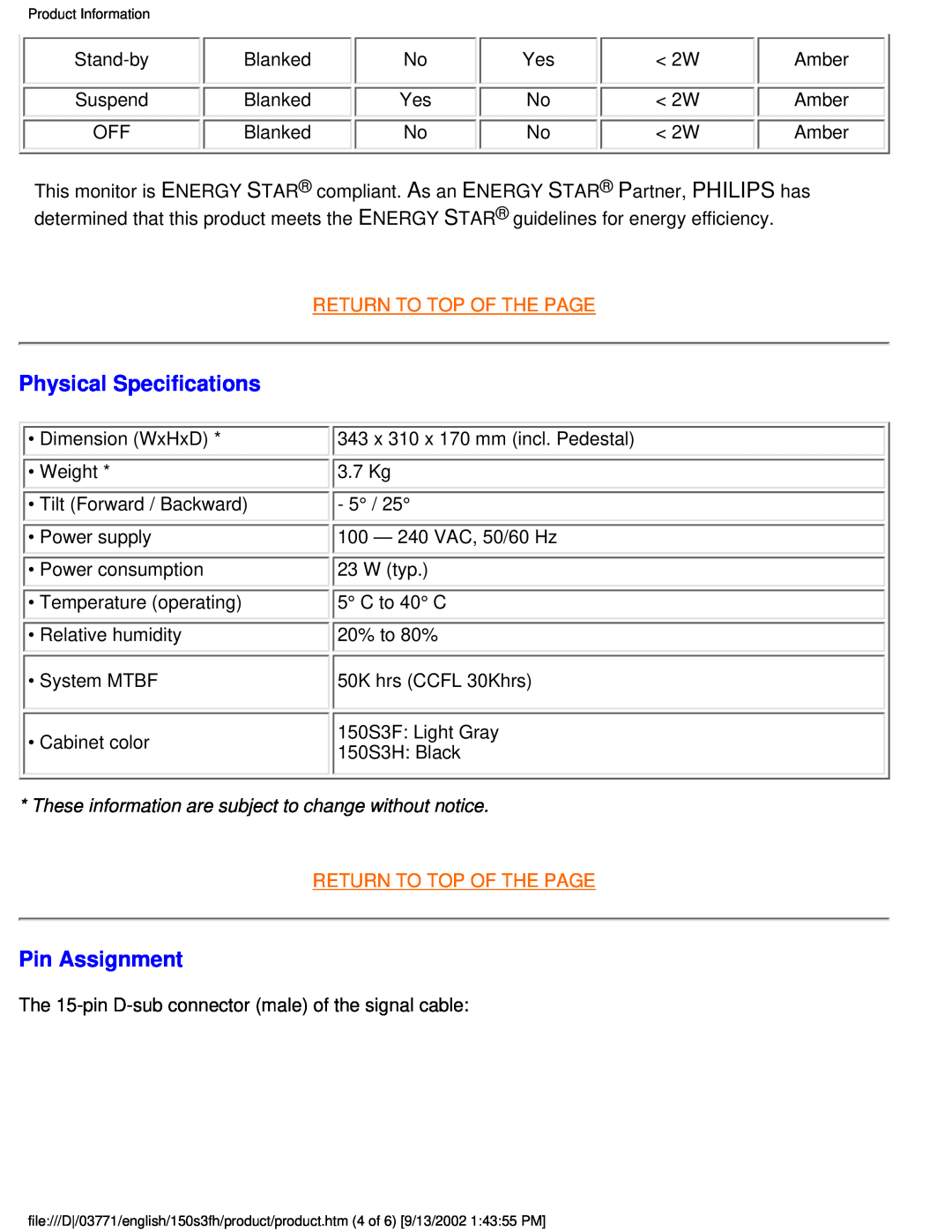 Philips 150S3H user manual Physical Specifications, Pin Assignment, Return To Top Of The Page 