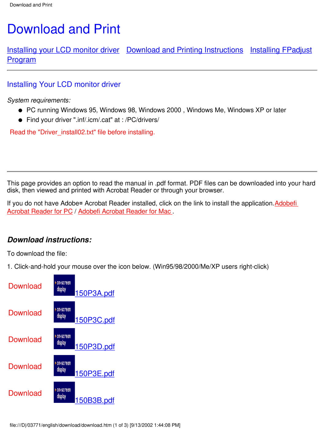 Philips 150S3H user manual Download and Print, Installing Your LCD monitor driver 