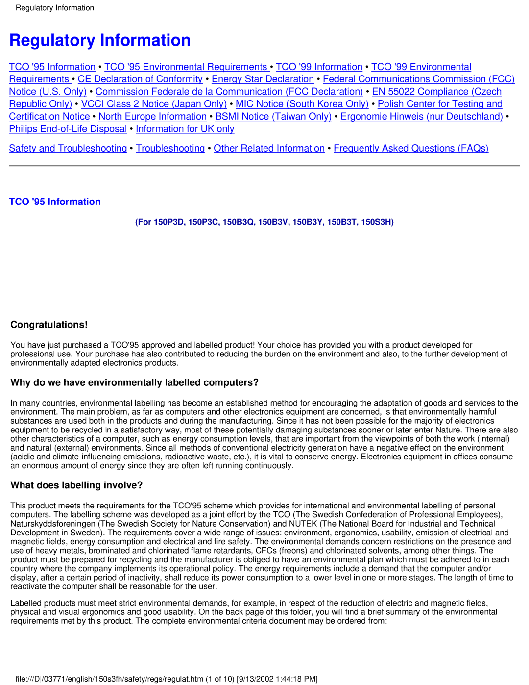 Philips 150S3H user manual Regulatory Information 