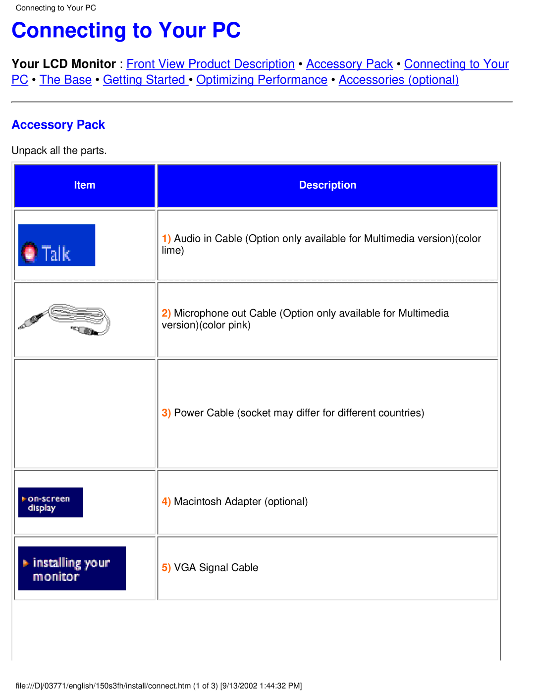 Philips 150S3H user manual Connecting to Your PC, Accessory Pack 