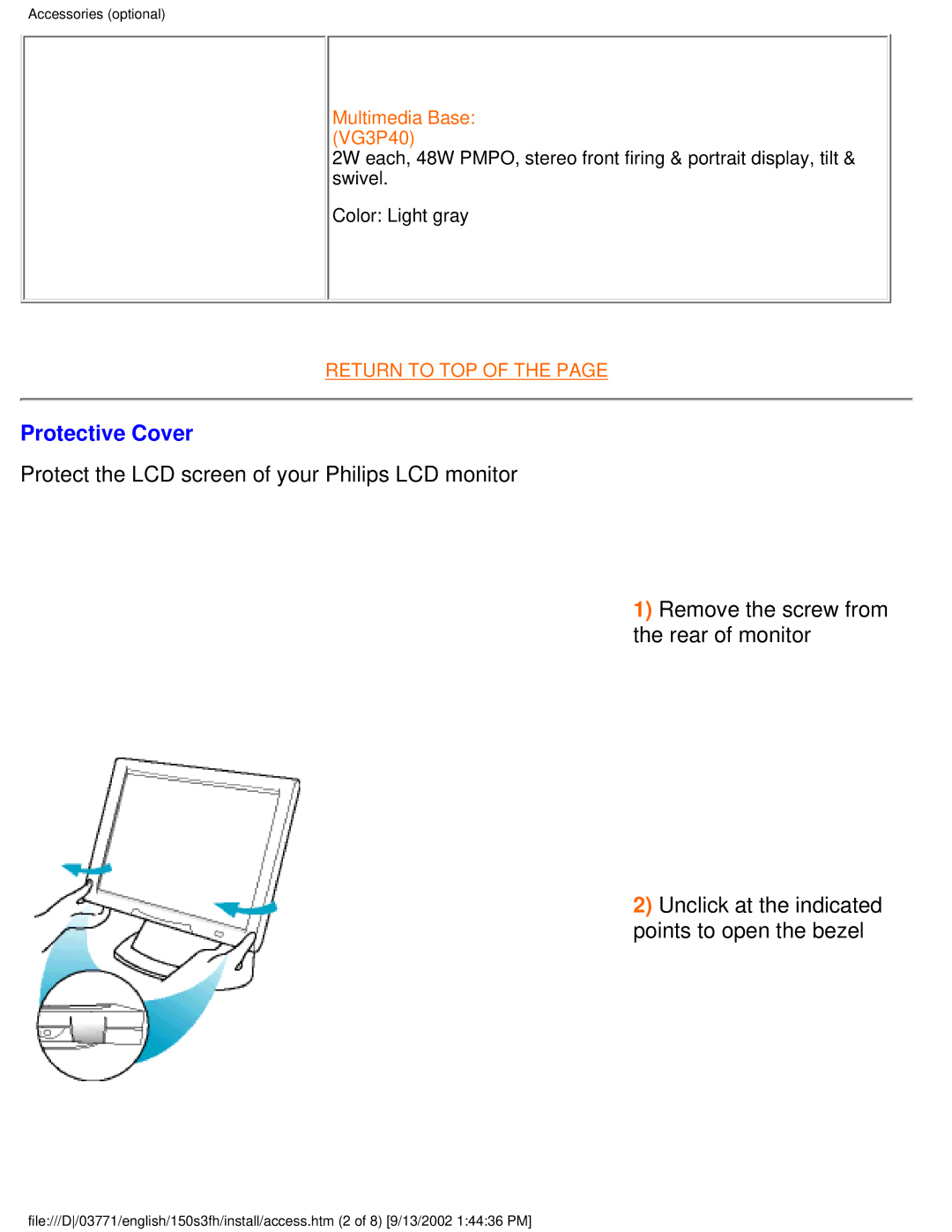 Philips 150S3H user manual Protective Cover 