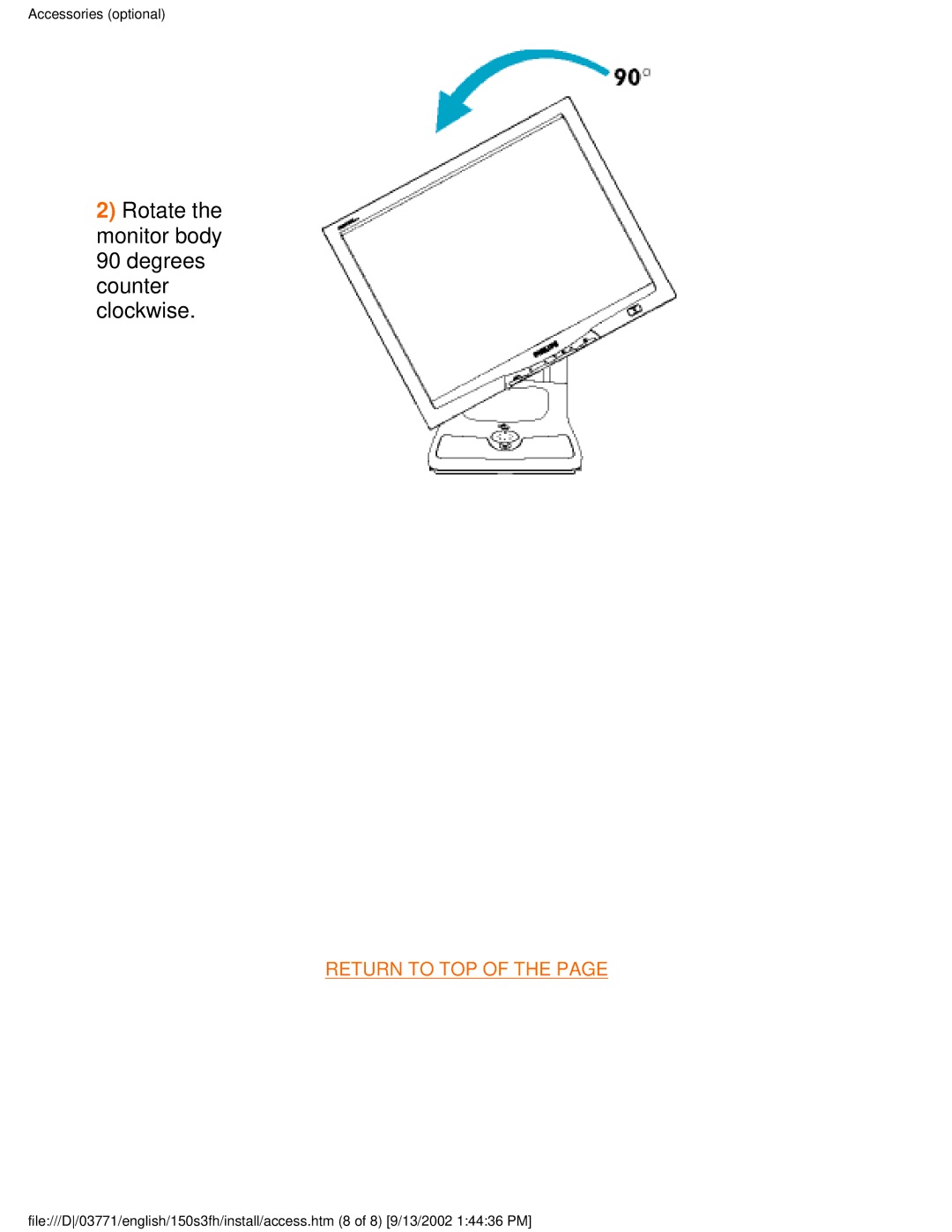 Philips 150S3H user manual Rotate the monitor body 90 degrees counter clockwise 