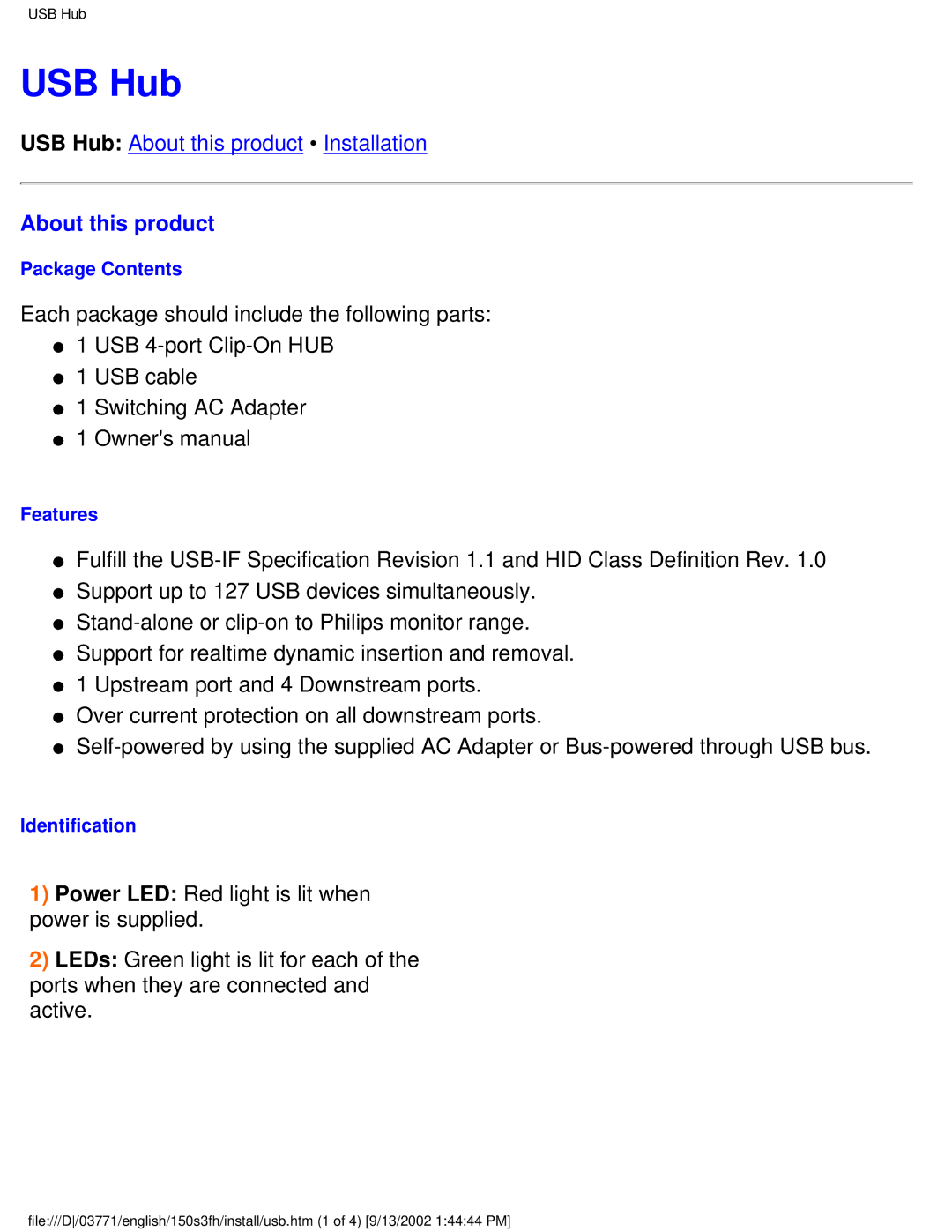 Philips 150S3H user manual USB Hub, About this product 