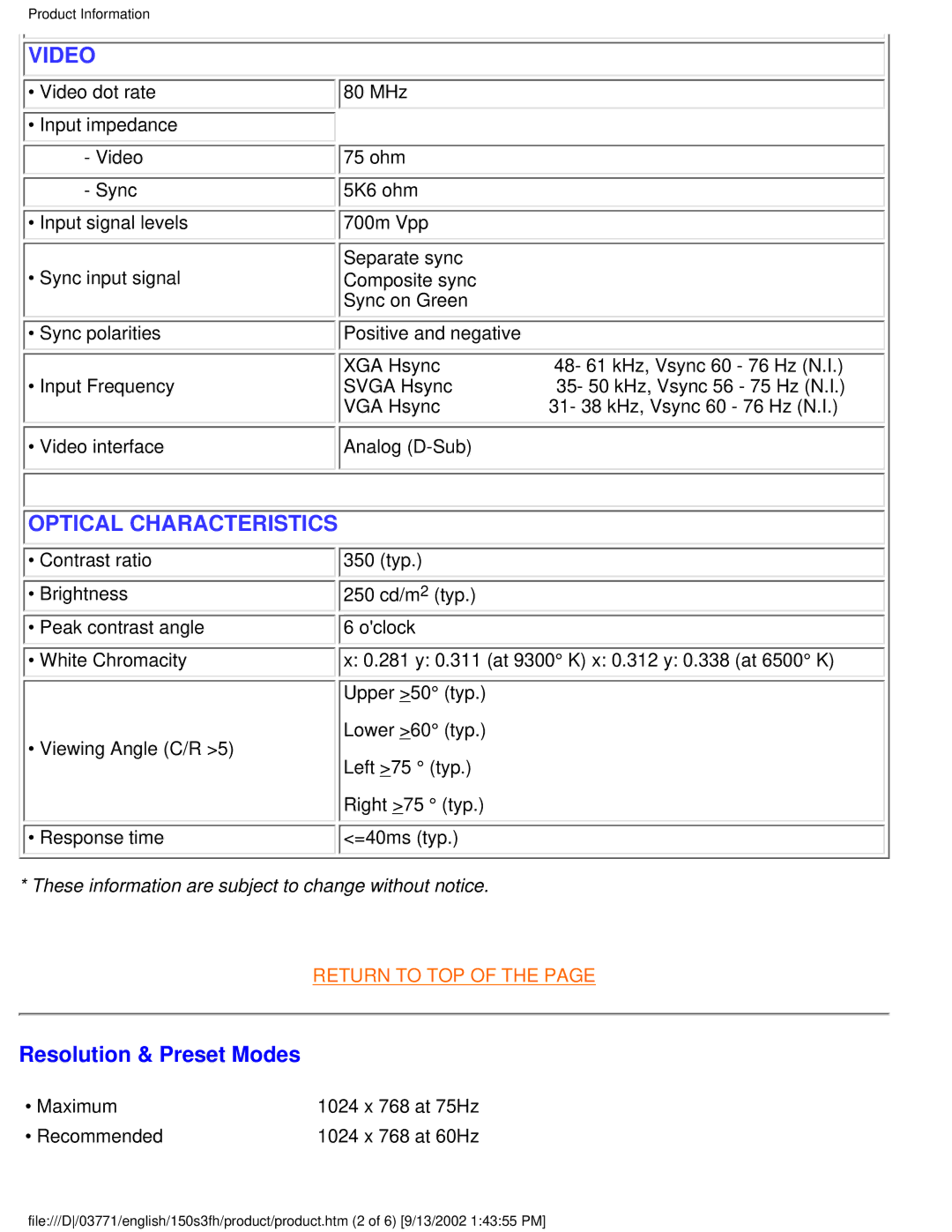 Philips 150S3H user manual Video, Resolution & Preset Modes 