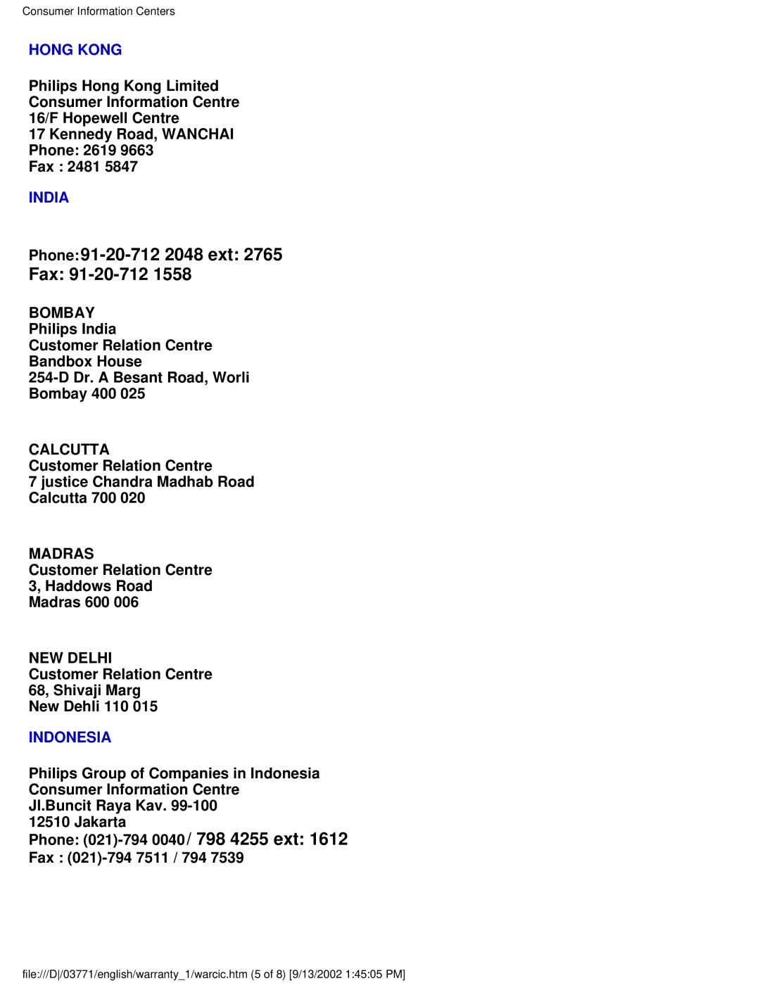 Philips 150S3H user manual Phone 91-20-712 2048 ext Fax 91-20-712, Hong Kong 