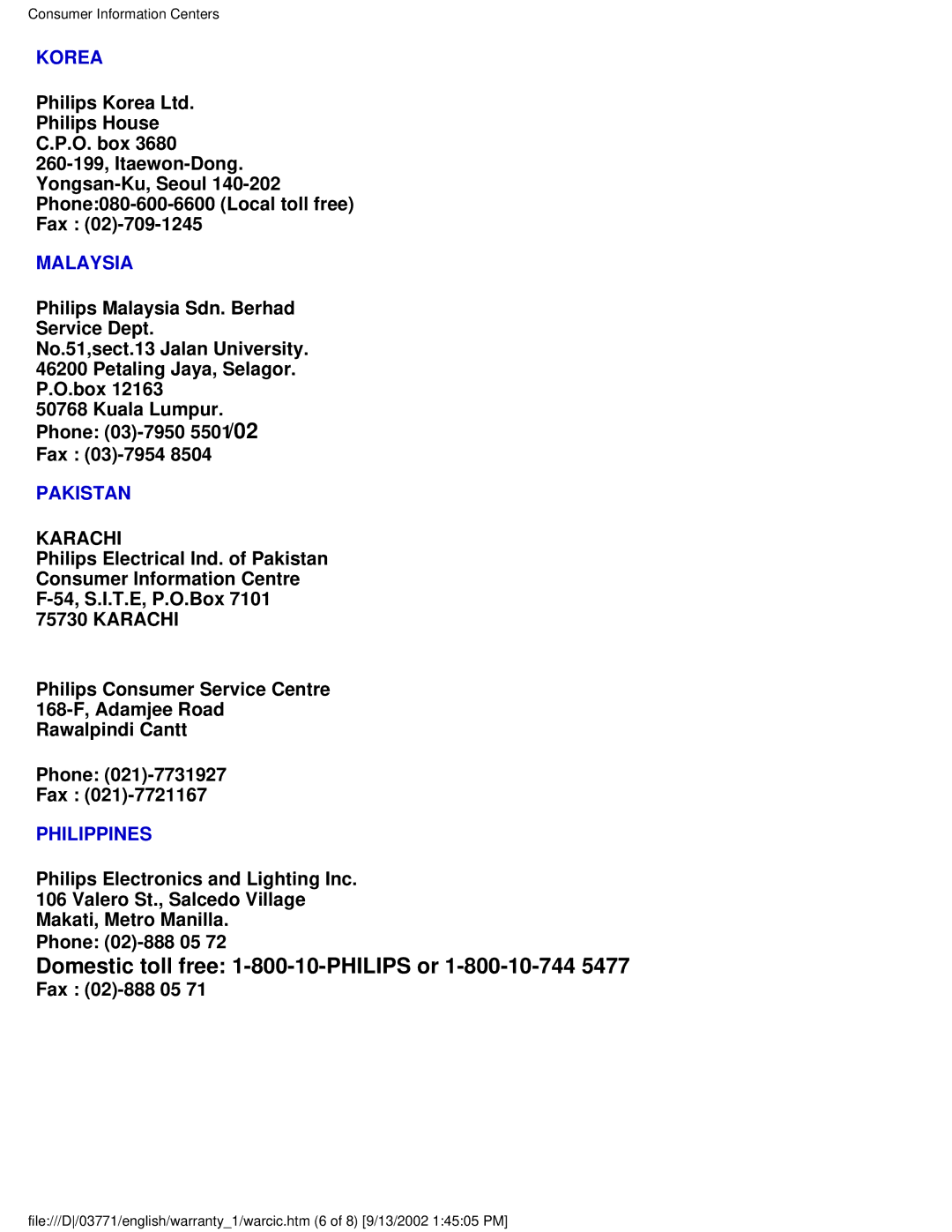 Philips 150S3H user manual Domestic toll free 1-800-10-PHILIPS or 1-800-10-744, Korea 