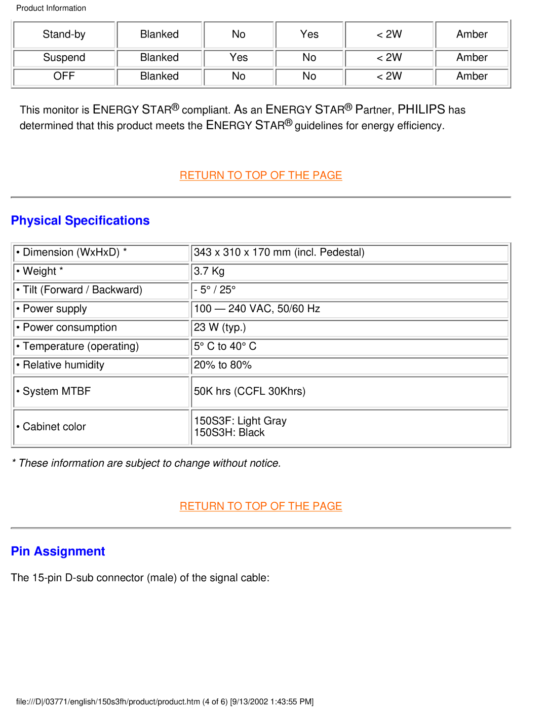 Philips 150S3H user manual Physical Specifications, Pin Assignment 