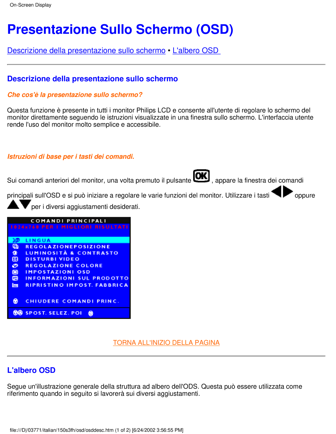 Philips 150S3S user manual Presentazione Sullo Schermo OSD, Descrizione della presentazione sullo schermo, Lalbero OSD 