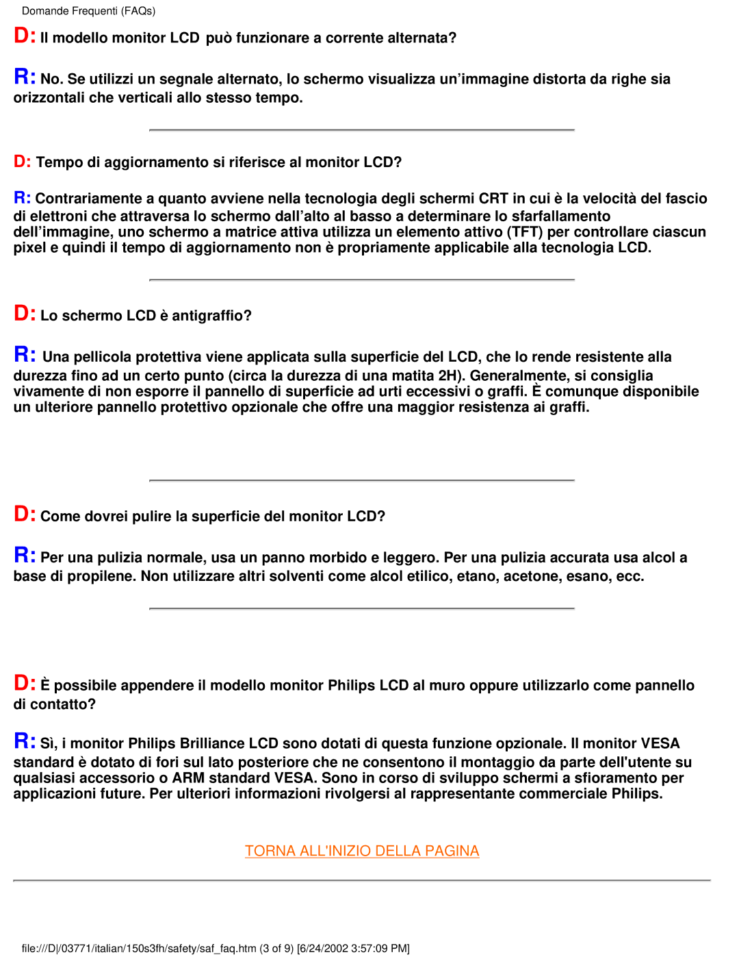 Philips 150S3S user manual Torna Allinizio Della Pagina 