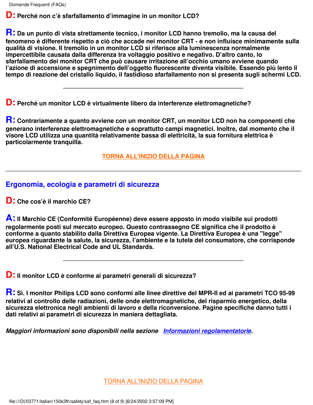 Philips 150S3S user manual Ergonomia, ecologia e parametri di sicurezza 