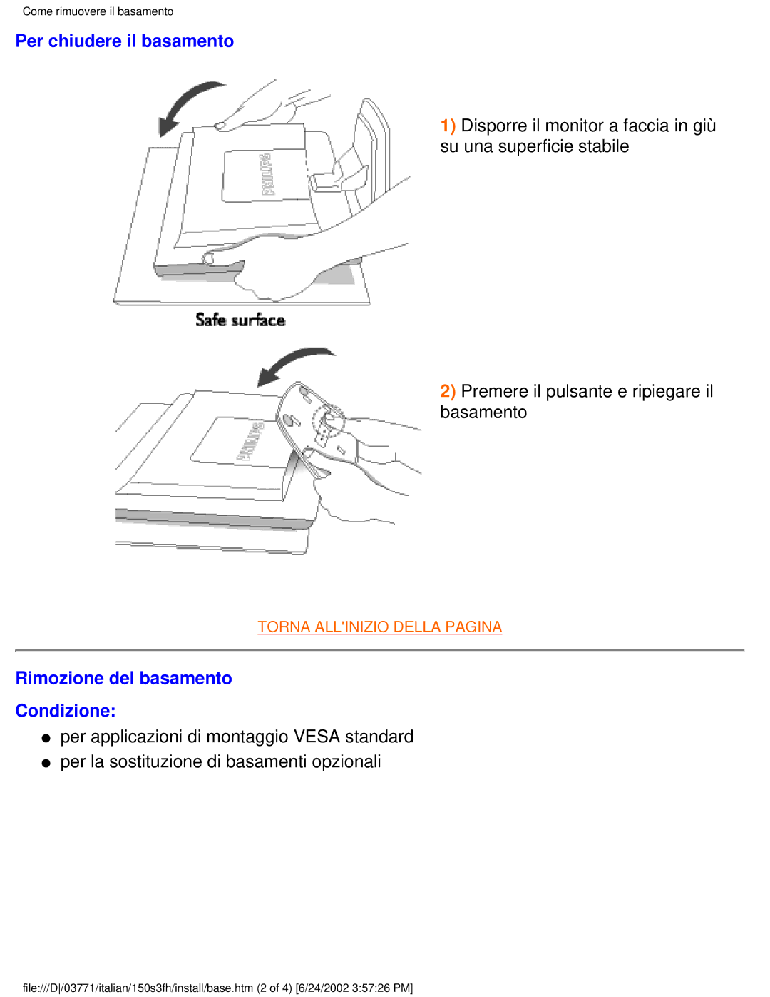 Philips 150S3S user manual Per chiudere il basamento, Rimozione del basamento Condizione 