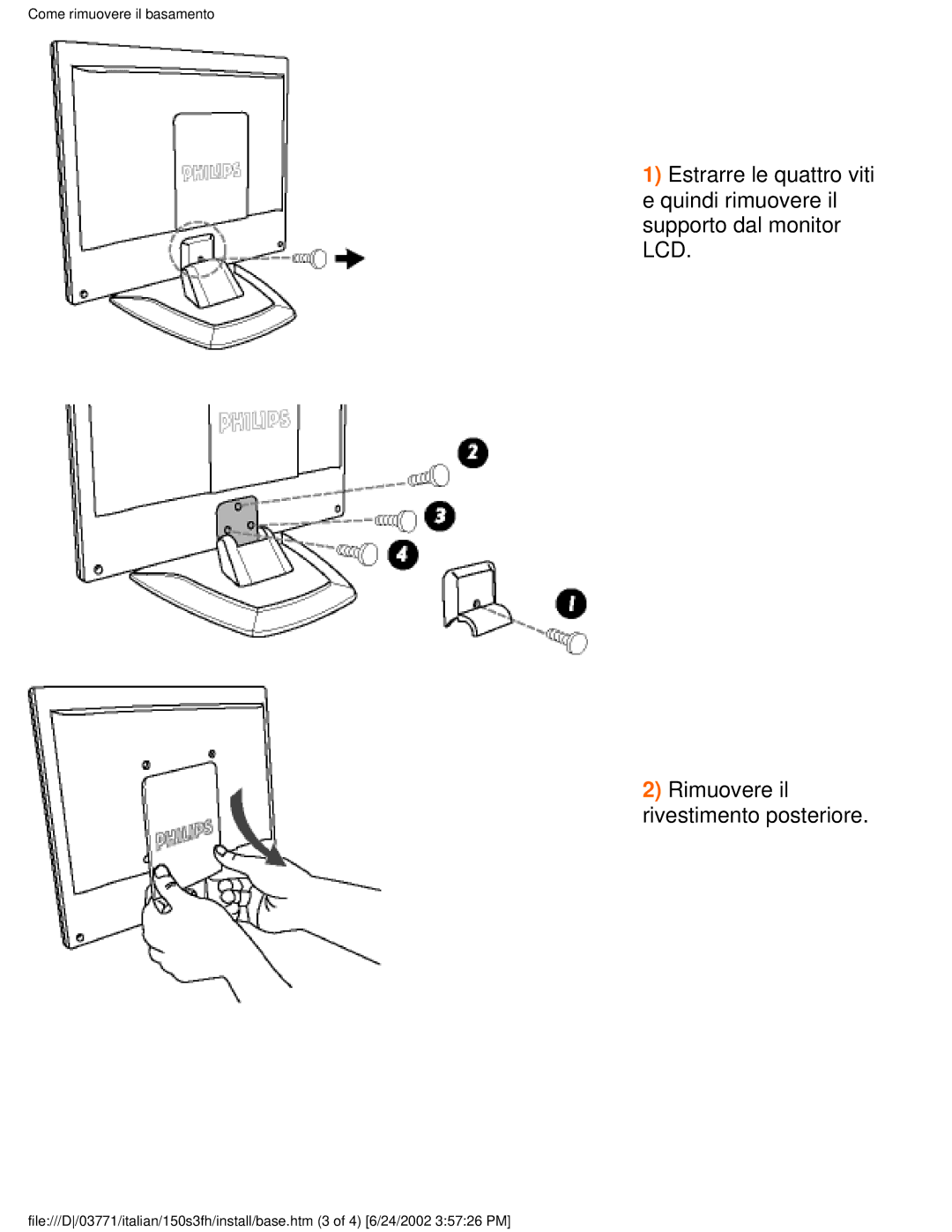 Philips 150S3S user manual Come rimuovere il basamento 