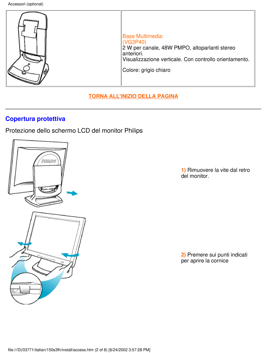 Philips 150S3S user manual Copertura protettiva, Protezione dello schermo LCD del monitor Philips 