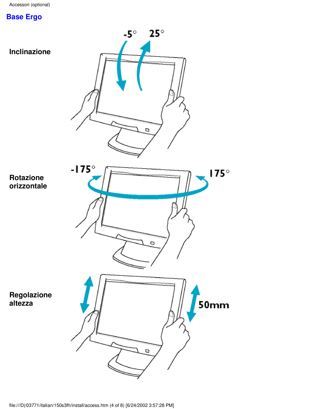 Philips 150S3S user manual Base Ergo, Inclinazione Rotazione orizzontale Regolazione altezza 