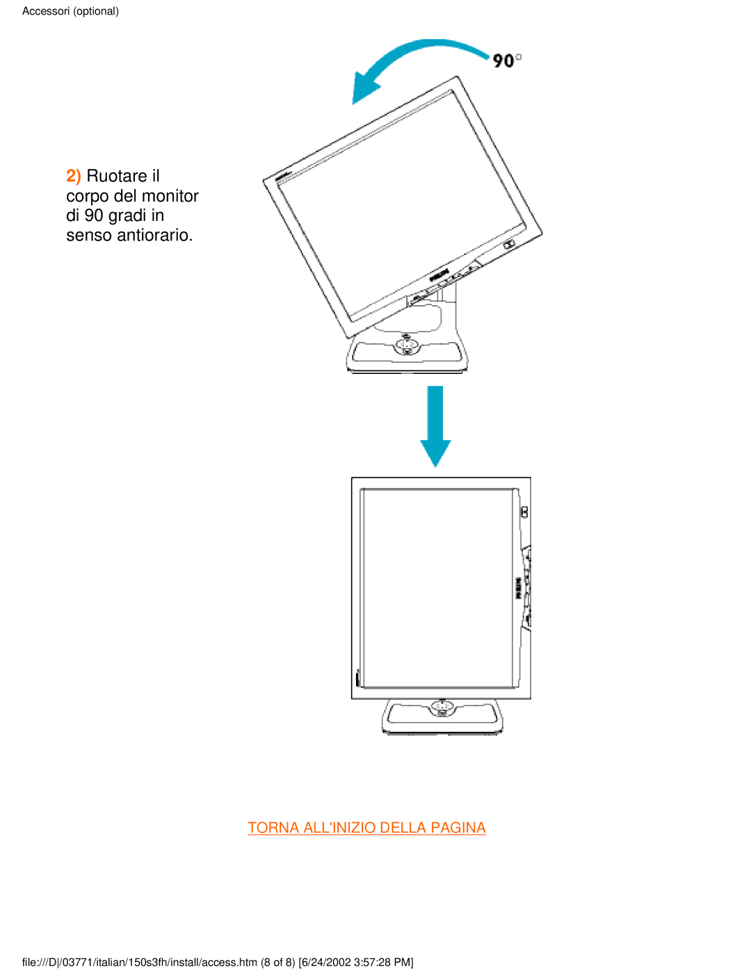 Philips 150S3S user manual Ruotare il corpo del monitor di 90 gradi in senso antiorario 