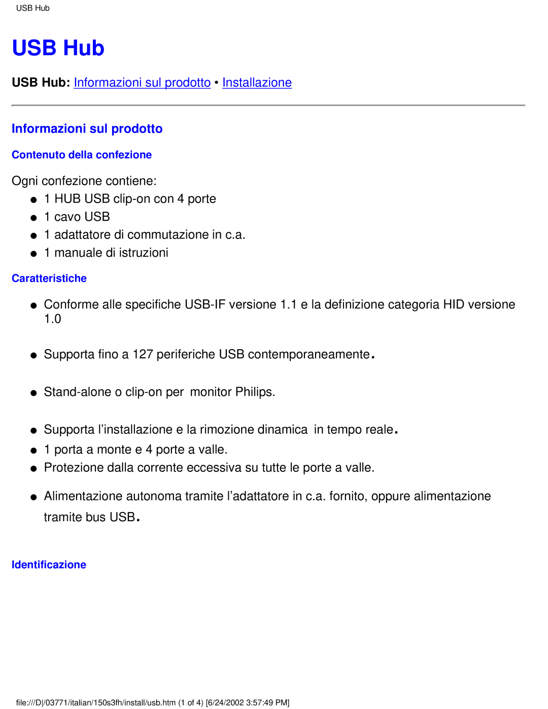 Philips 150S3S user manual USB Hub, Informazioni sul prodotto 