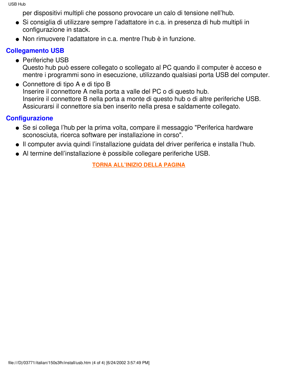 Philips 150S3S user manual Collegamento USB, Periferiche USB, Configurazione 