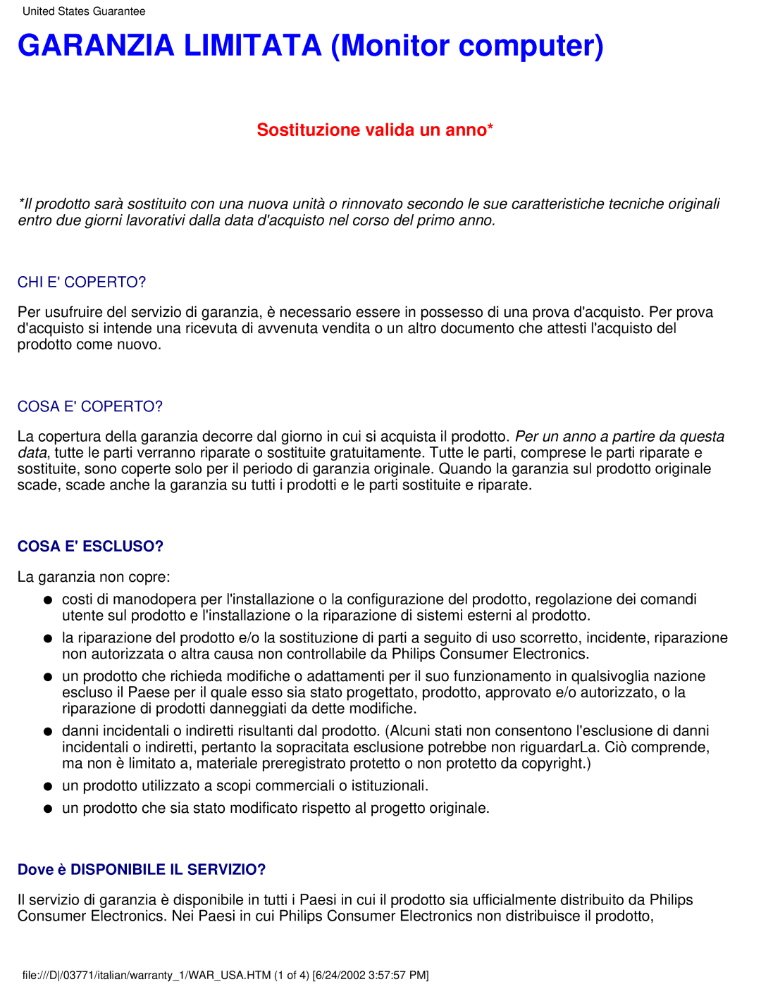 Philips 150S3S user manual Garanzia Limitata Monitor computer, Sostituzione valida un anno 