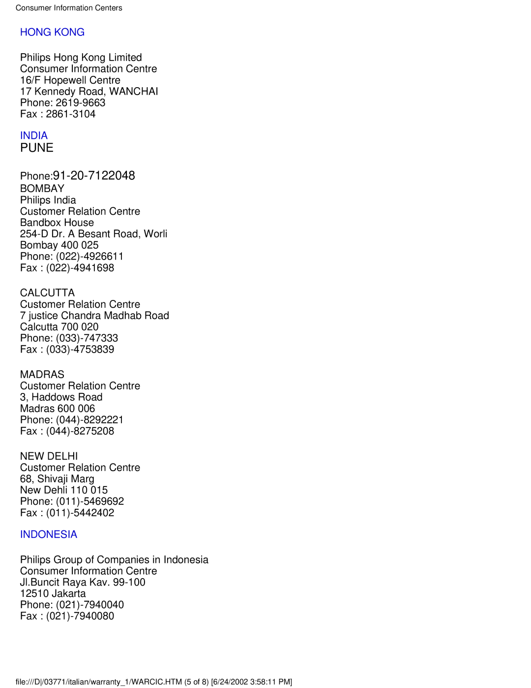 Philips 150S3S user manual Phone91-20-7122048, Hong Kong 