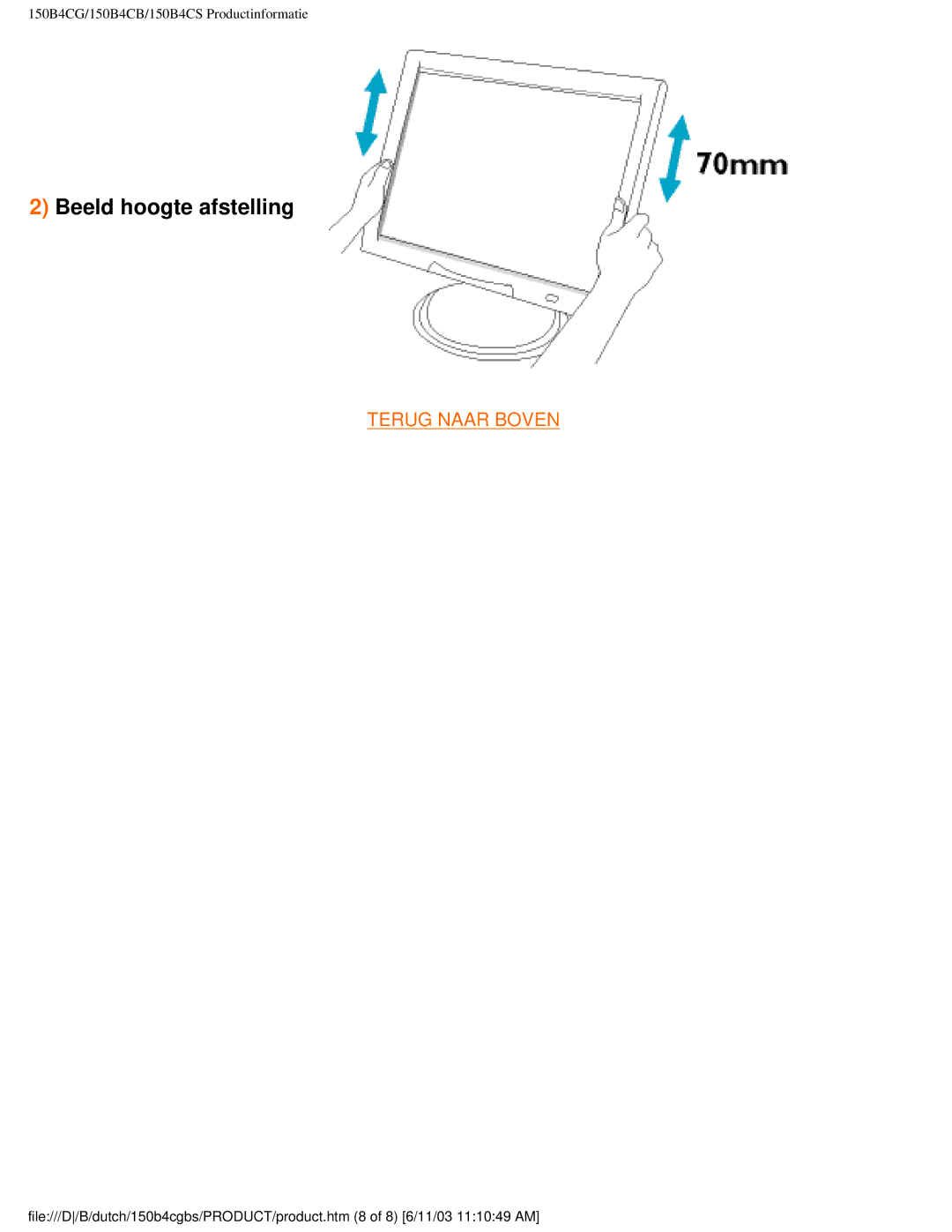 Philips 150S4 user manual Beeld hoogte afstelling 