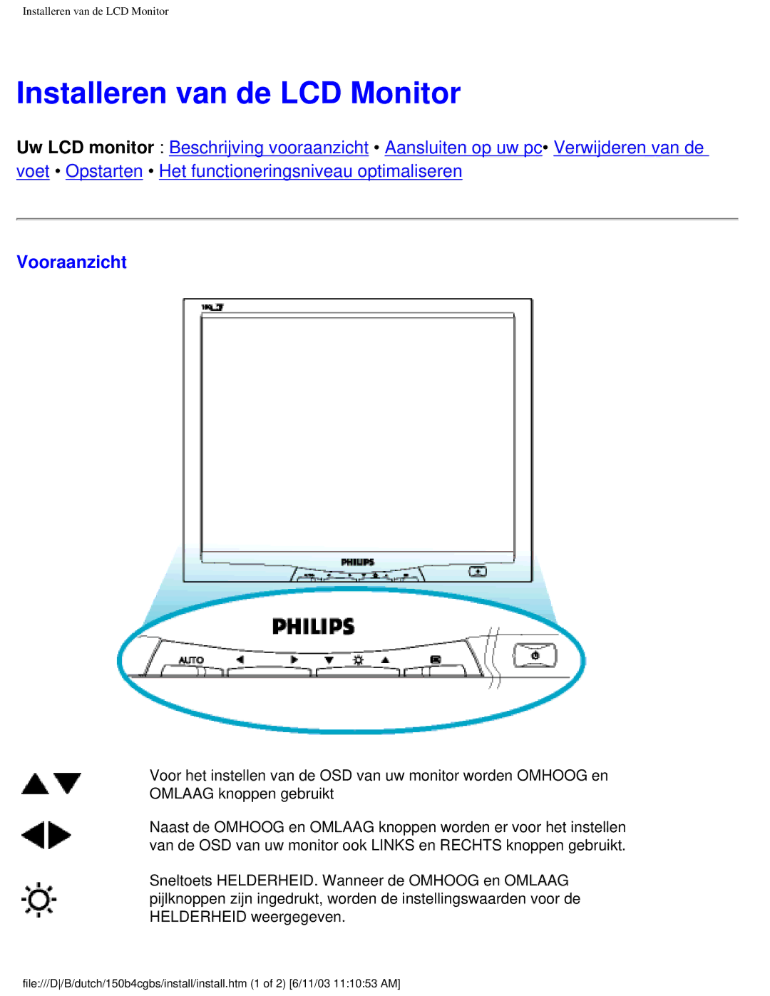 Philips 150S4 user manual Installeren van de LCD Monitor, Vooraanzicht 