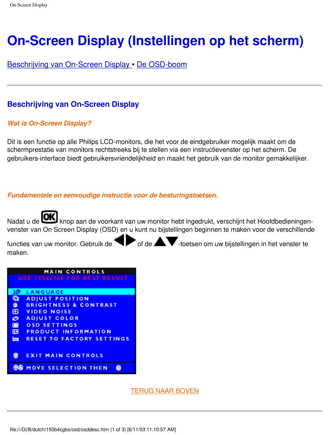 Philips 150S4 user manual On-Screen Display Instellingen op het scherm, Beschrijving van On-Screen Display 